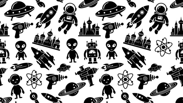 Alien Space Adventure Seamless Pattern with UFOs, Rockets, Astronauts, Robots and Futuristic City Icons in Black Vector Style