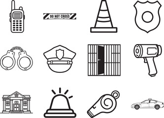 A collection of police-themed icons, including a police badge, handcuffs, a police car, and a police station, presented in a clean, graphic style. © DesignINKZ