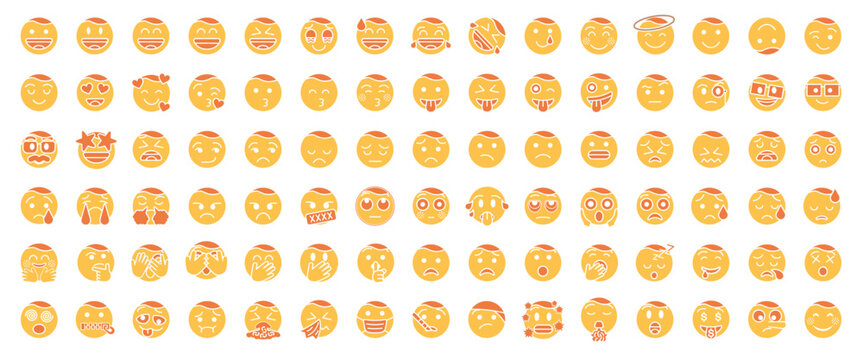 Emoji glyph yellow icon set. contain feeling mad, scared, joyful, powerful, peaceful, sad