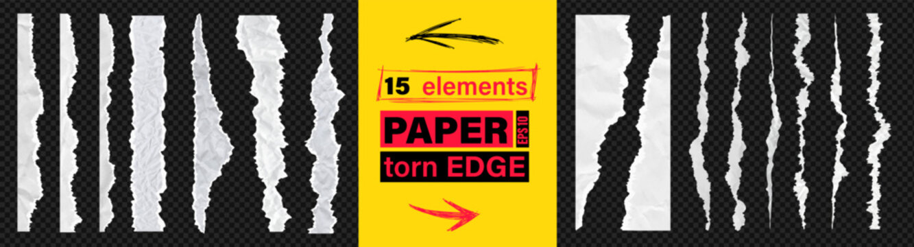 White recycled sheet featuring jagged torn paper rip edge effect. Vector illustration set includes page piece blank card tag label banner divider claw cut line. Cardboard tear edge bundle kit.