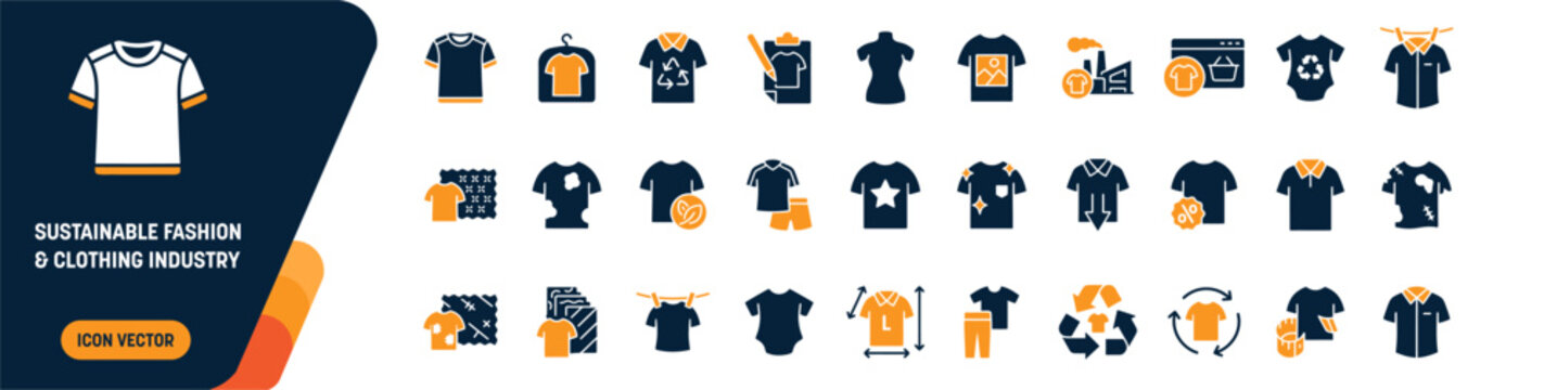 Sustainable Fashion and Eco Friendly Clothing Industry Icon Set, Ethical Textile Manufacturing, Slow Fashion and Garment Recycling Symbols, Editable Vector Solid Illustration