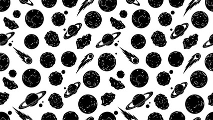 Planets, Asteroids and Meteors Seamless Pattern with Celestial Space Objects in Bold Black and White Vector Illustration © LorisP