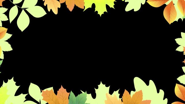 Autumn leaves border frame with yellow orange green foliage on black background for thanksgiving or fall design concept.