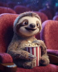 Fototapeta premium Cute Sloth Watching Movie with Popcorn – Generative AI