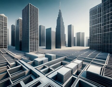 modern city towers on organized concrete grid n great for systematic growth architecture trends or civil engineering