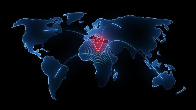 World map with glowing lines and location pin. World map symbol for global travel and navigation. Digital world map animation for international data.