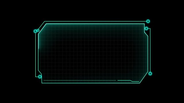 Futuristic cyan HUD frame with grid background. Cyan HUD frame symbol for technology display. Digital cyan HUD frame animation for sci fi interface.