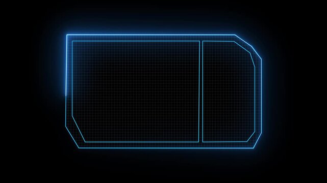 Futuristic blue neon frame with grid on black. Blue neon frame symbol for digital technology. Digital blue neon frame animation for tech interface.