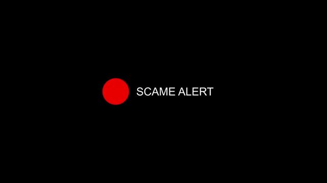Red circle and scam alert text on black. Scam alert symbol for cyber security and warning. Digital scam alert animation for online safety concept.