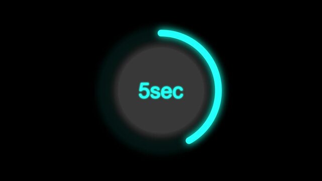 Cyan neon timer countdown circle with 3sec text. Cyan neon timer for technology system start. Digital cyan neon timer animation for tech interface.