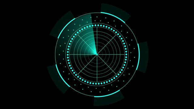 Cyan circular radar interface with scanning sector. Radar interface symbol for sonar and navigation. Digital radar interface animation for tech display.