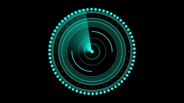 Teal circular interface with rotating indicator. Circular interface symbol for technology system. Digital circular interface animation for tech display.