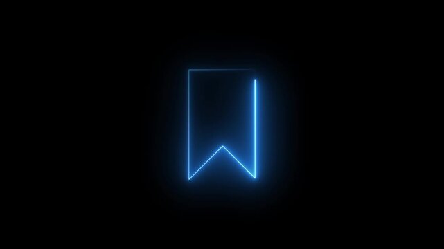 Blue neon bookmark icon glowing on black. Blue neon bookmark symbol for digital favorites. Digital blue neon bookmark animation for web interface.