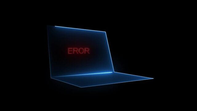 Laptop with red neon error message on screen. Laptop error symbol for system failure warning. Digital laptop error animation for technical problem.