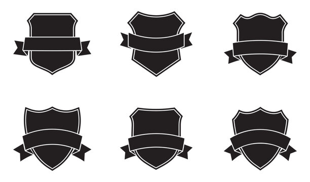 Shield badge icon set with ribbons for heraldic logo design and security emblem blank vector illustrations