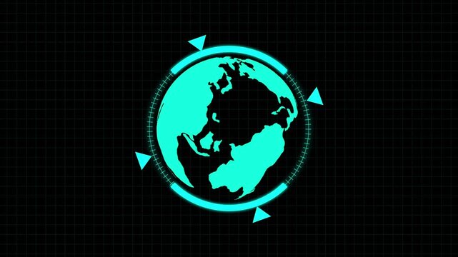 Cyan neon globe with radar and navigation arrows. Neon globe symbol for global network and data. Digital neon globe animation for world technology.