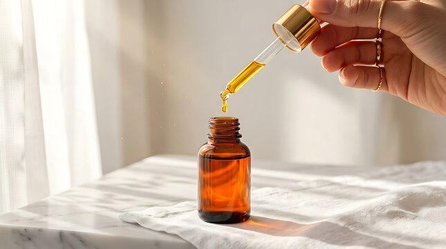Tangan wanita meneteskan cairan emas dari pipet ke dalam botol kaca amber melambangkan proses presisi dalam menciptakan serum kecantikan dan kesehatan alami
