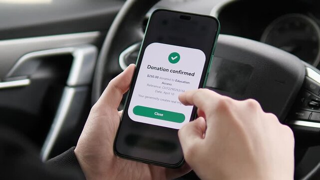 a completed 250 dollars donation inside a car. The interface shows a reference number and date for the education contribution. Ideal for illustrating generosity, social impact, and digital