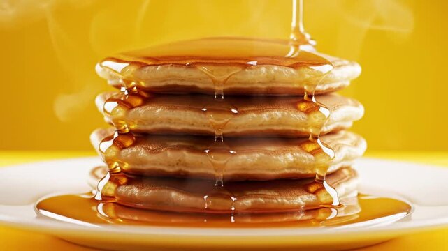 Close-up of a thick stack of fluffy golden brown pancakes on a white ceramic plate, heavily drenched in glistening maple syrup that drips down the sides against a neutral background.