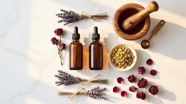 Dua botol pipet amber dikelilingi bunga mawar kering kamomil dan lavender melambangkan penyembuhan botani tradisional dan kebaikan terapi minyak atsiri yang alami