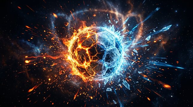 Fiery and icy soccer ball exploding in space