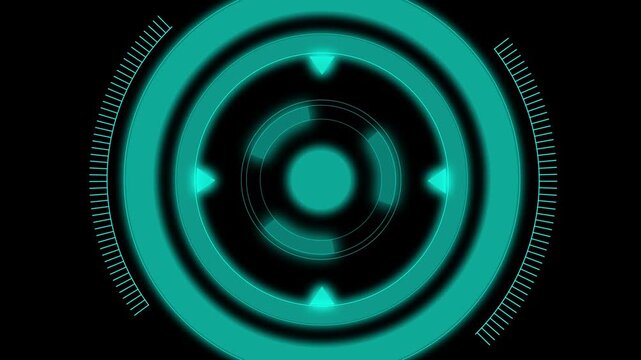 Futuristic teal target reticle on black. Teal target reticle symbol for aim and navigation. Digital teal target reticle animation for tech interface.