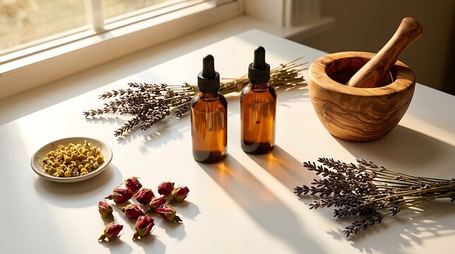Botol pipet kaca amber di meja putih bersama bunga kering dan alat tumbuk kayu melambangkan terapi aromaterapi penyembuhan holistik.