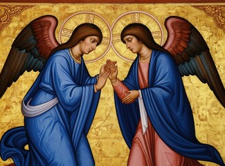 Obraz premium Two angels with blue robes and brown wings hold hands in greeting on a golden background. Religious art style depicts holy figures, divine messengers, offering spiritual comfort, hope, and peace.