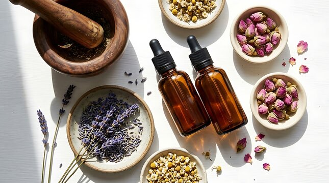 Komposisi rata atas botol pipet amber dikelilingi bunga mawar dan lavender kering melambangkan proses pembuatan produk kecantikan herbal alami.