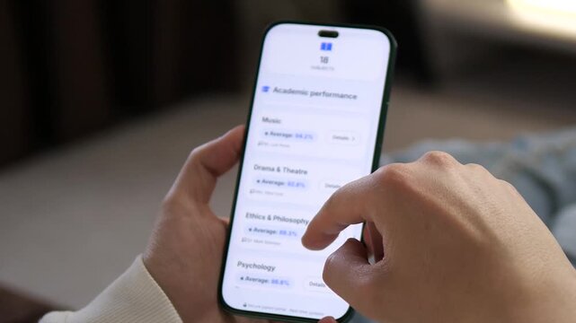 Scrolling through academic performance by subject. The user taps to view detailed scores for Chemistry, Geography, and Economics. Ideal for illustrating grade tracking, student progress, and school