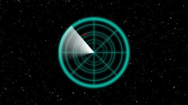 Teal radar screen with sweeping sector and stars. Radar screen symbol for space navigation. Digital radar screen animation for technology interface.