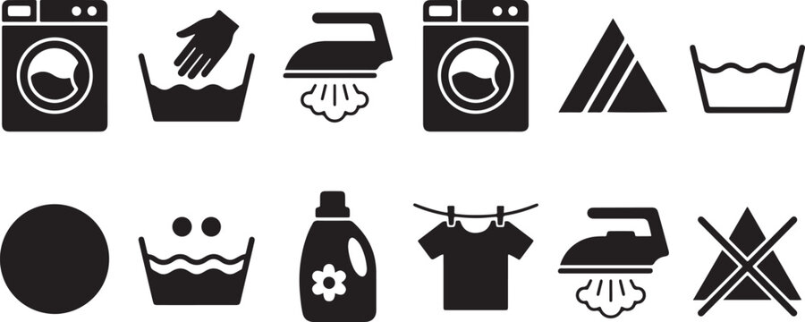 Laundry care symbols and washing machine set including iron steam drying instructions for clothes and textile cleaning maintenance.