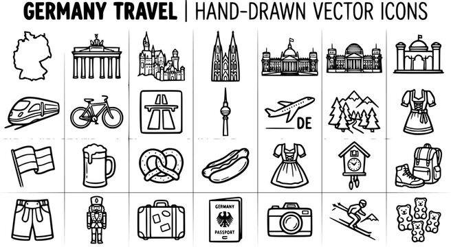 Germany Travel Hand-Drawn Vector Icons. Set of Black  White Outline Symbols for German Tourism, Landmarks, Culture, Food, and Activities.