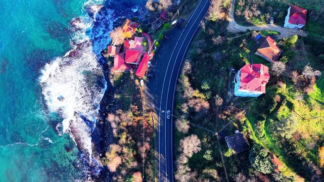 Bird&rsquo;s-eye drone footage tracking vehicles as they move along an asphalt road between dense green forest and crystal-clear turquoise sea. The camera remains pointed straight down while flying forward,