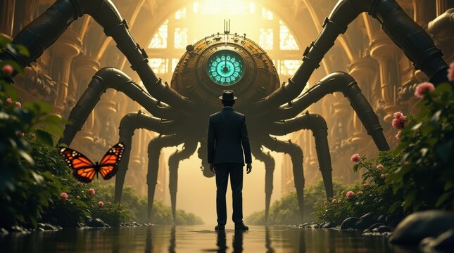 A man standing before a giant mechanical spider with a glowing clock face in a mysterious golden forest with a flying butterfly in the background