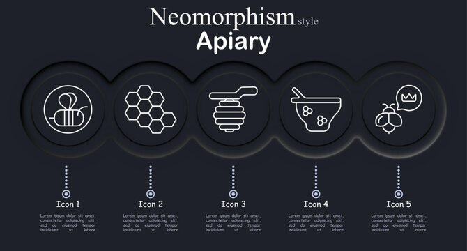 Apiary set icon. Bee insect symbol, honeycomb hexagon cells, hanging beehive house, honey jar sweet, queen bee crown, beekeeping agriculture production.