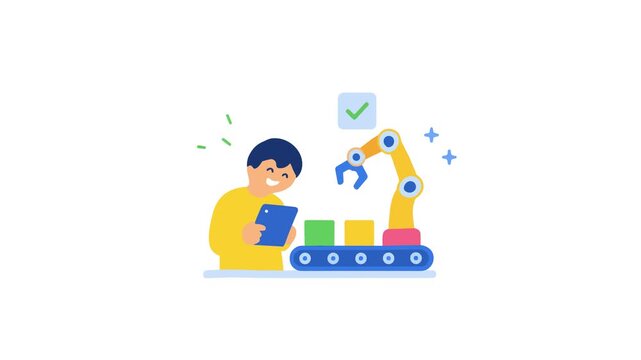 Animated character using tablet to control automatic robotic arm on conveyor belt. Simple motion graphic for factory automation, smart manufacturing, and industry technology concept.