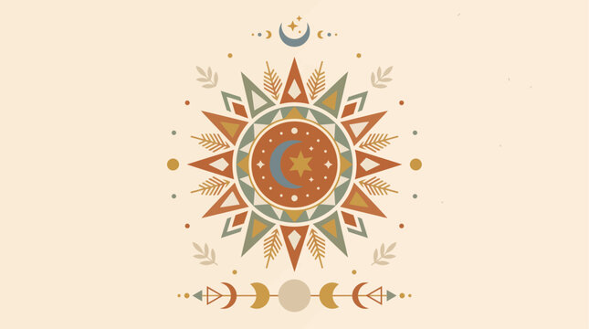Vibrant Bohemian Celestial Sun and Moon Art for Summer Solstice, capturing the spirit of nature and cosmic alignment with decorative elements and earthy tones