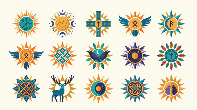 A vibrant collection of ancient spiritual and pagan symbols, perfect for celebrating the celestial energy and mystical traditions associated with the Summer Solstice