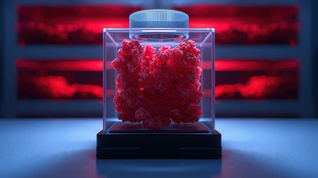 A bright red coral like crystal growth inside a clear glass container on a laboratory table with glowing red panels in the dark background