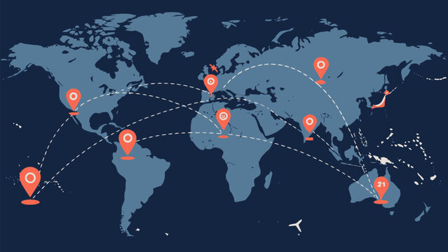 Global logistics and international business network map with location pins and connection lines