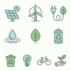 Collection of sustainable energy and eco-friendly icons representing environmental protection and renewable resources for a greener future © GILANG YUDA ALYAHYA