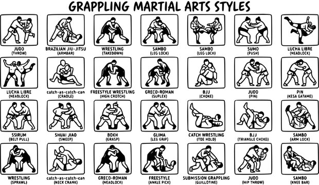Black and White Line Art Illustration of Grappling Martial Arts Styles and Techniques