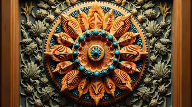 Intricate wooden carving with a colorful lotus flower pattern and ornate floral details in a traditional circular mandala style for decorative interior design