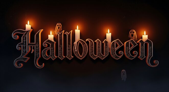 Spooky Halloween typography with glowing candles and ghost icons, creating a festive and eerie atmosphere for holiday celebrations