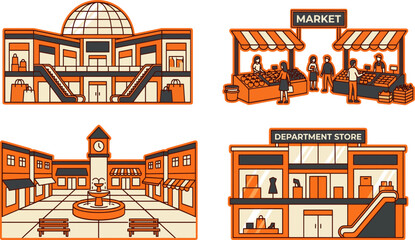 Vibrant orange and white illustration of various city buildings and market scenes © MacKenzie