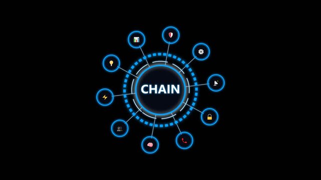 chain technology concept with digital hud interface and connected icons on dark bgs.