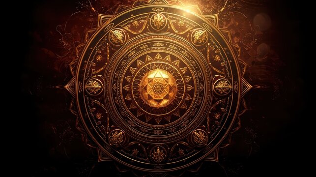 Golden circular mandala pattern with intricate geometric details and a glowing center on a dark background