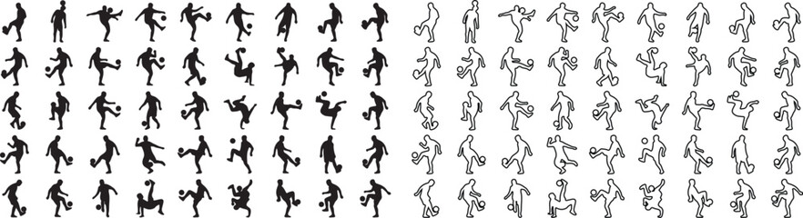 Soccer player silhouettes and outline icons, football athlete action poses set of 80 vector elements, professional sports competition graphics © newez