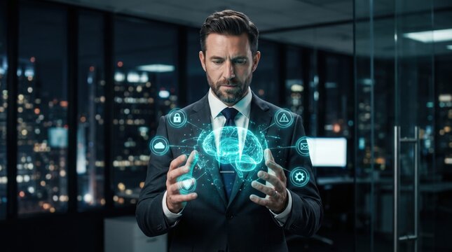 Artificial Intelligence Visualization: A man in a business suit manipulates a holographic projection of a human brain surrounded by digital icons.